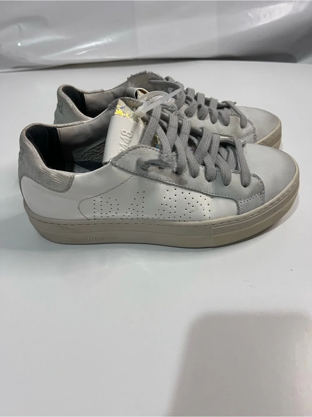 P448 John White Leather Low Top Sneakers Holographic Details Made In Italy